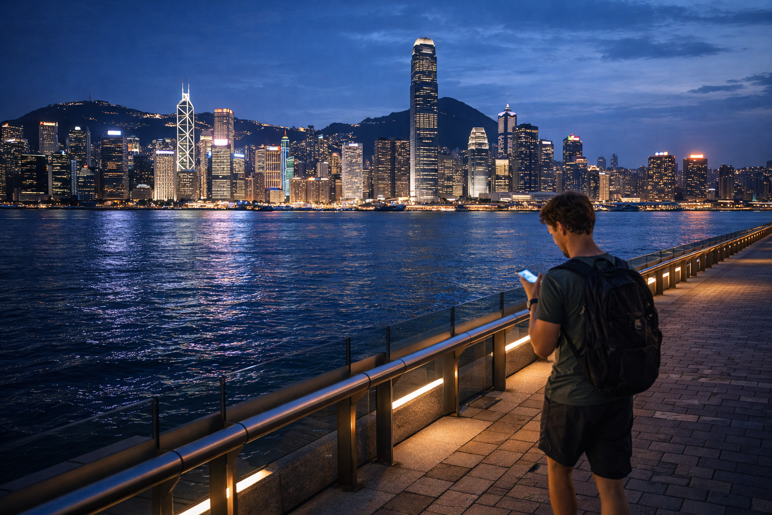 Victoria Harbour waterfront with a panorama of Hong Kong’s skyscrapers.