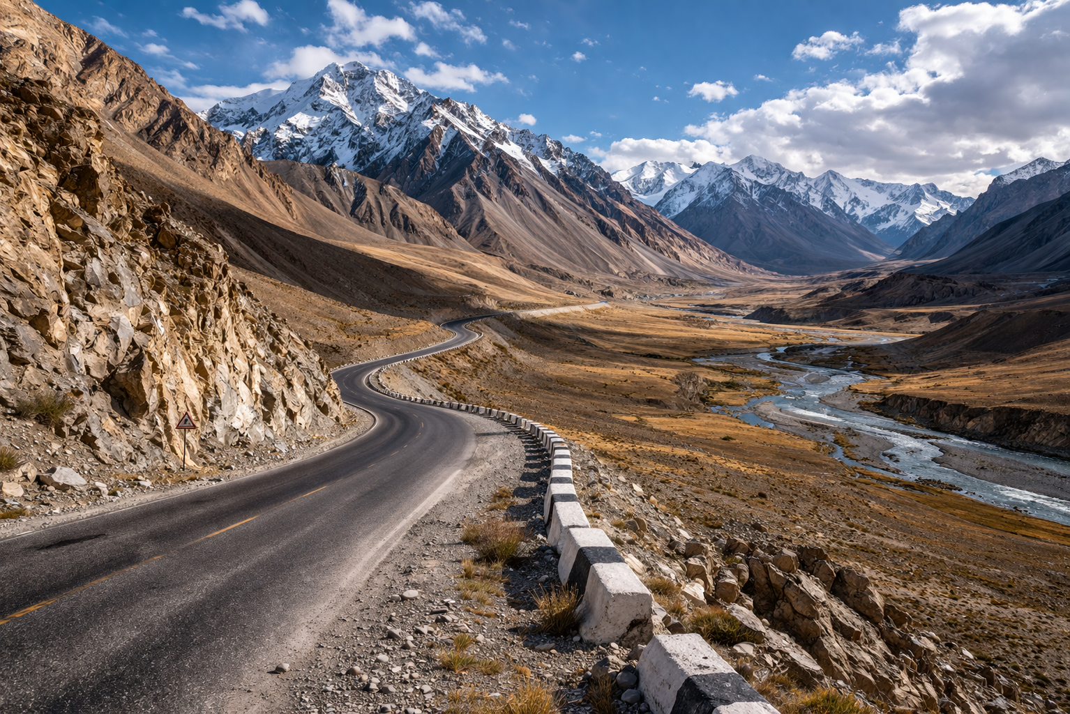 כביש הפמיר בטג'יקיסטן עם כביש בגובה רב, עמקים רחבים, פסגות מושלגות ותחושת מסלול רחוק.