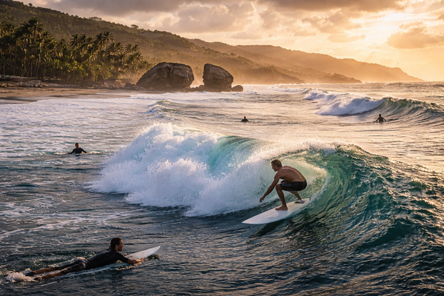 Surfisti prendono grandi onde allo spot Soup Bowl alle Barbados