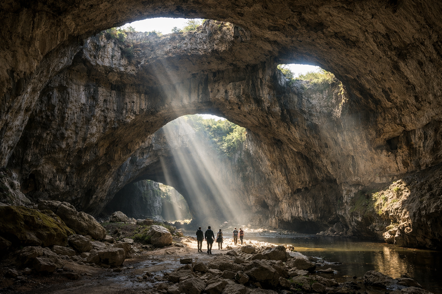 Devetashka Cave with huge openings in the ceiling and tourists
