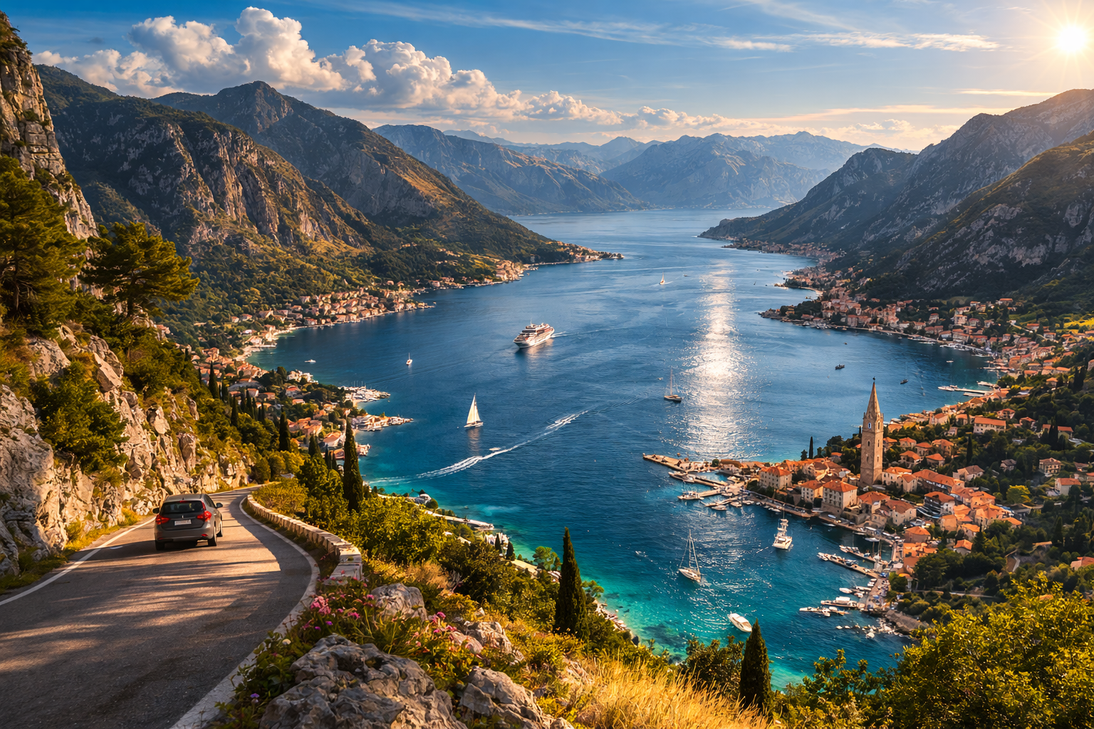 Panorama of the Bay of Kotor from a mountain road