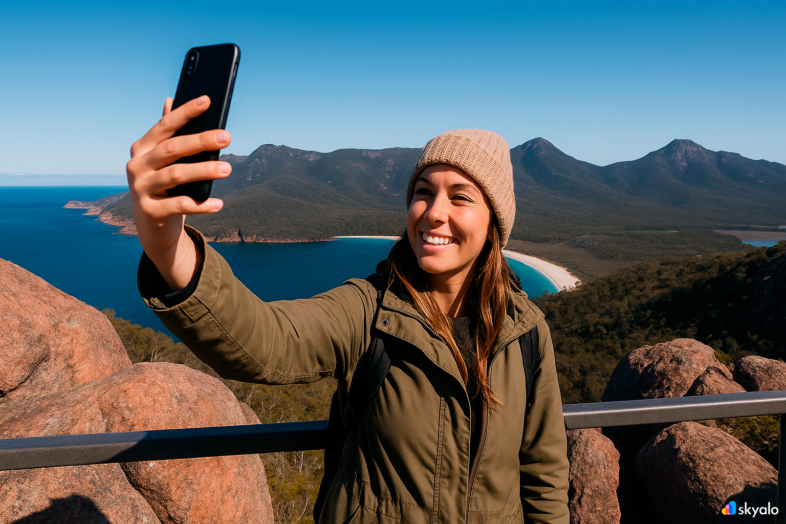 Selfie at Wineglass Bay from the Freycinet lookout; rose-tinted granite and bright turquoise below