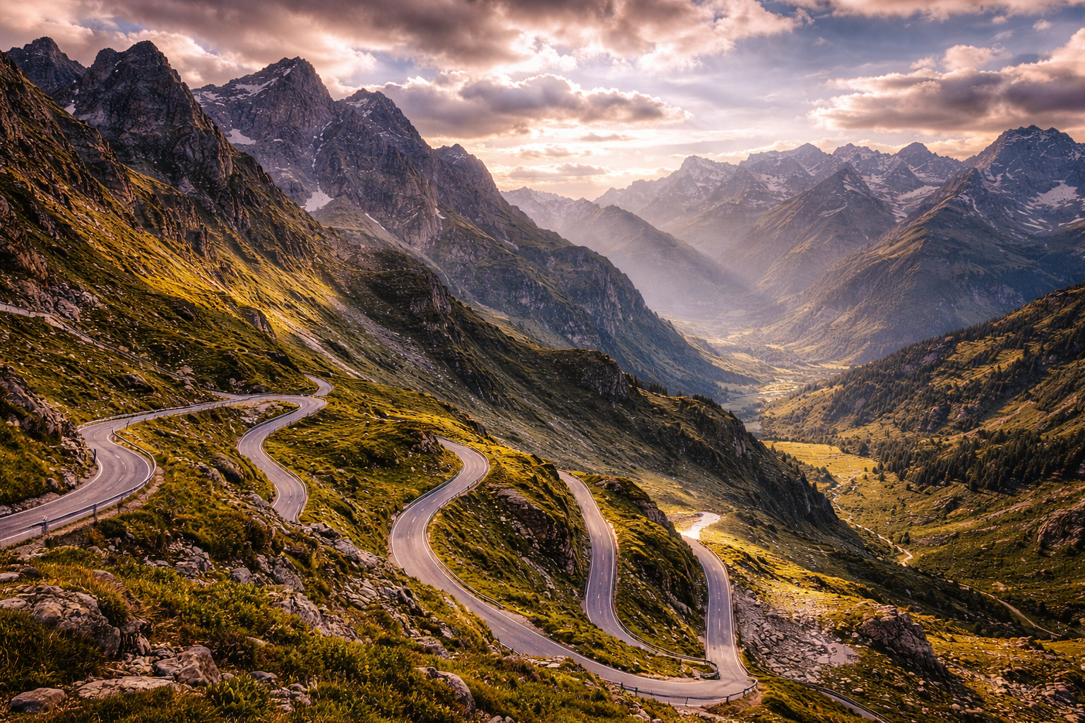 Mountain passes with Alpine peaks and sweeping panoramic views