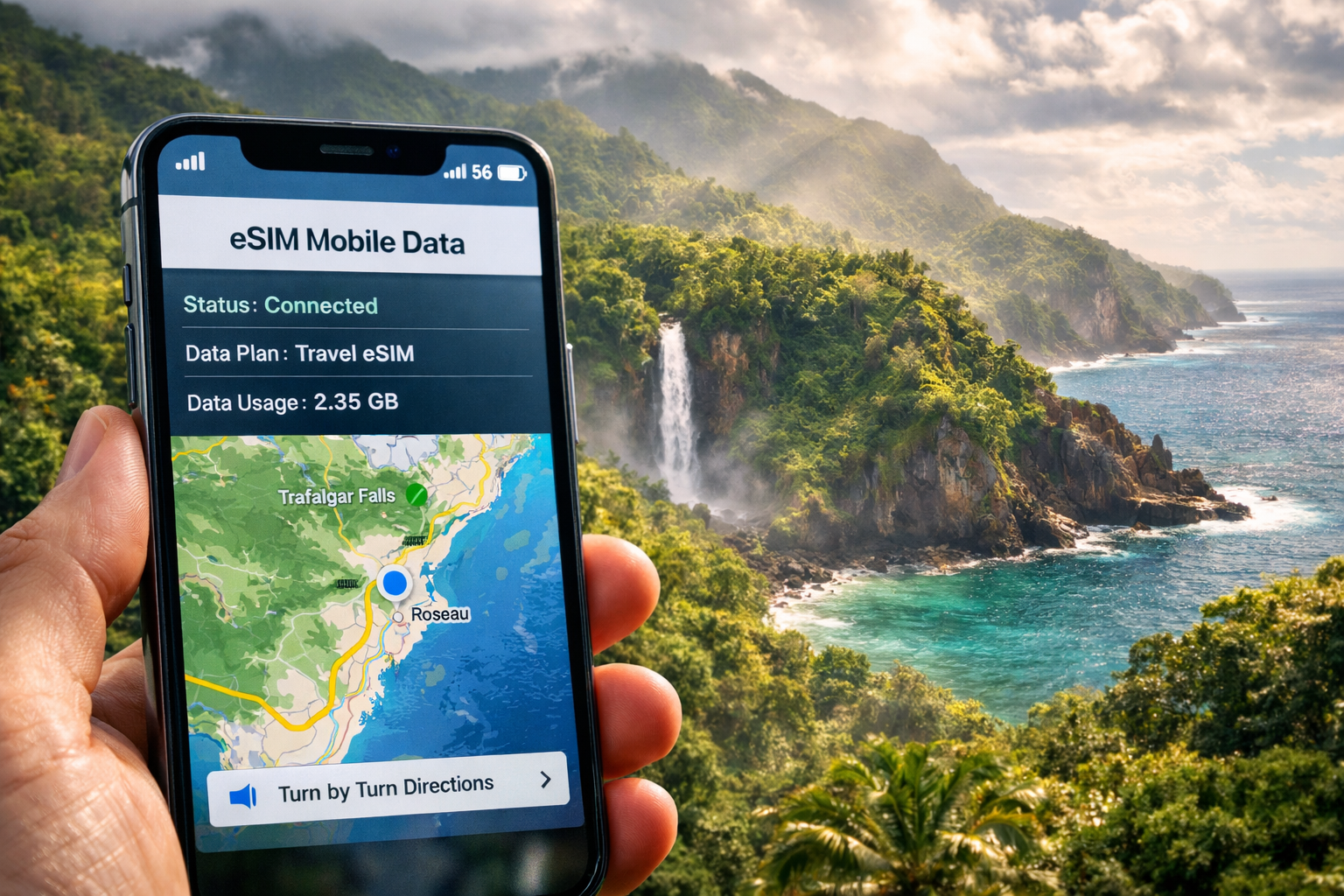 Smartfon z aktywowaną eSIM na tle tropikalnych krajobrazów wyspy Dominika