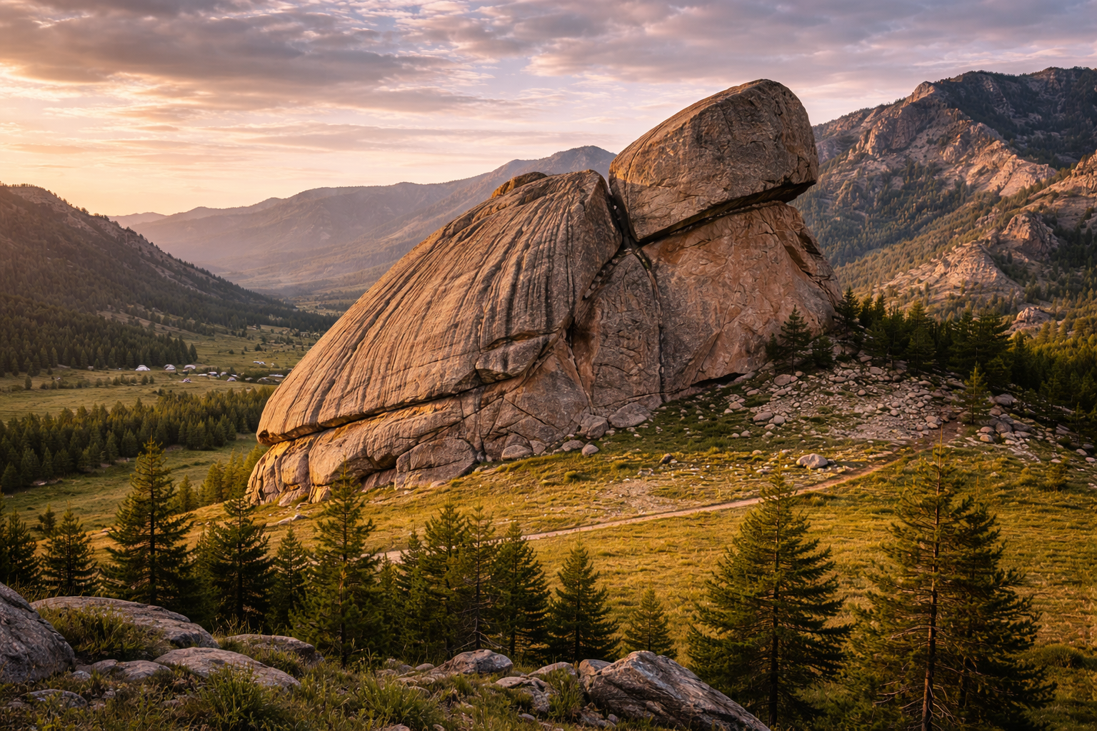 La Roca Tortuga en Mongolia con su forma de piedra tan peculiar, valle verde, colinas y una atmósfera natural tranquila