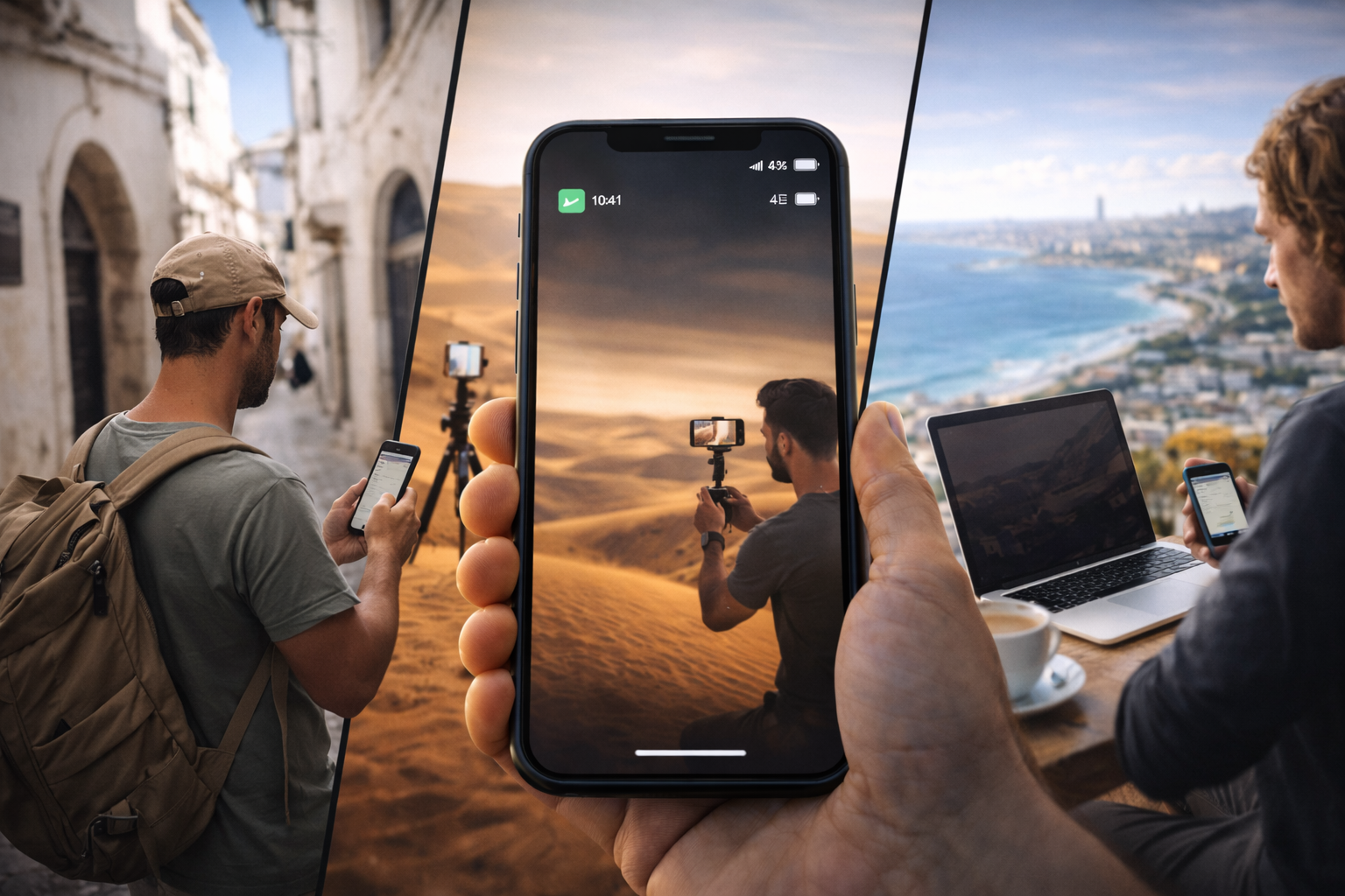 A tourist, a blogger, and a remote worker in Algeria use an eSIM for mobile data