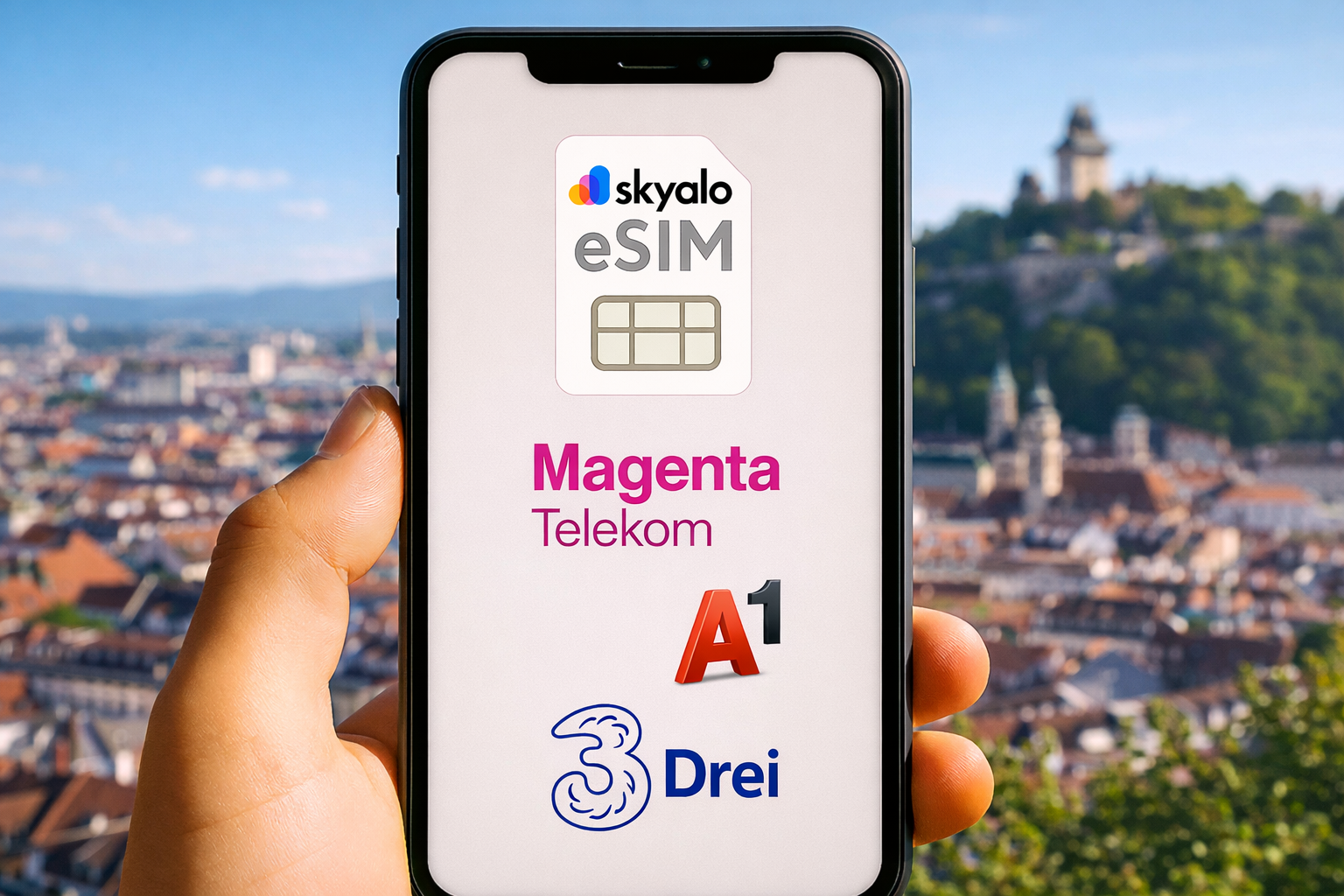 A smartphone showing the Skyalo eSIM interface and the Magenta Telekom, A1, and Drei logos against the Graz skyline and Schlossberg hill; a hand holds the phone in the foreground.