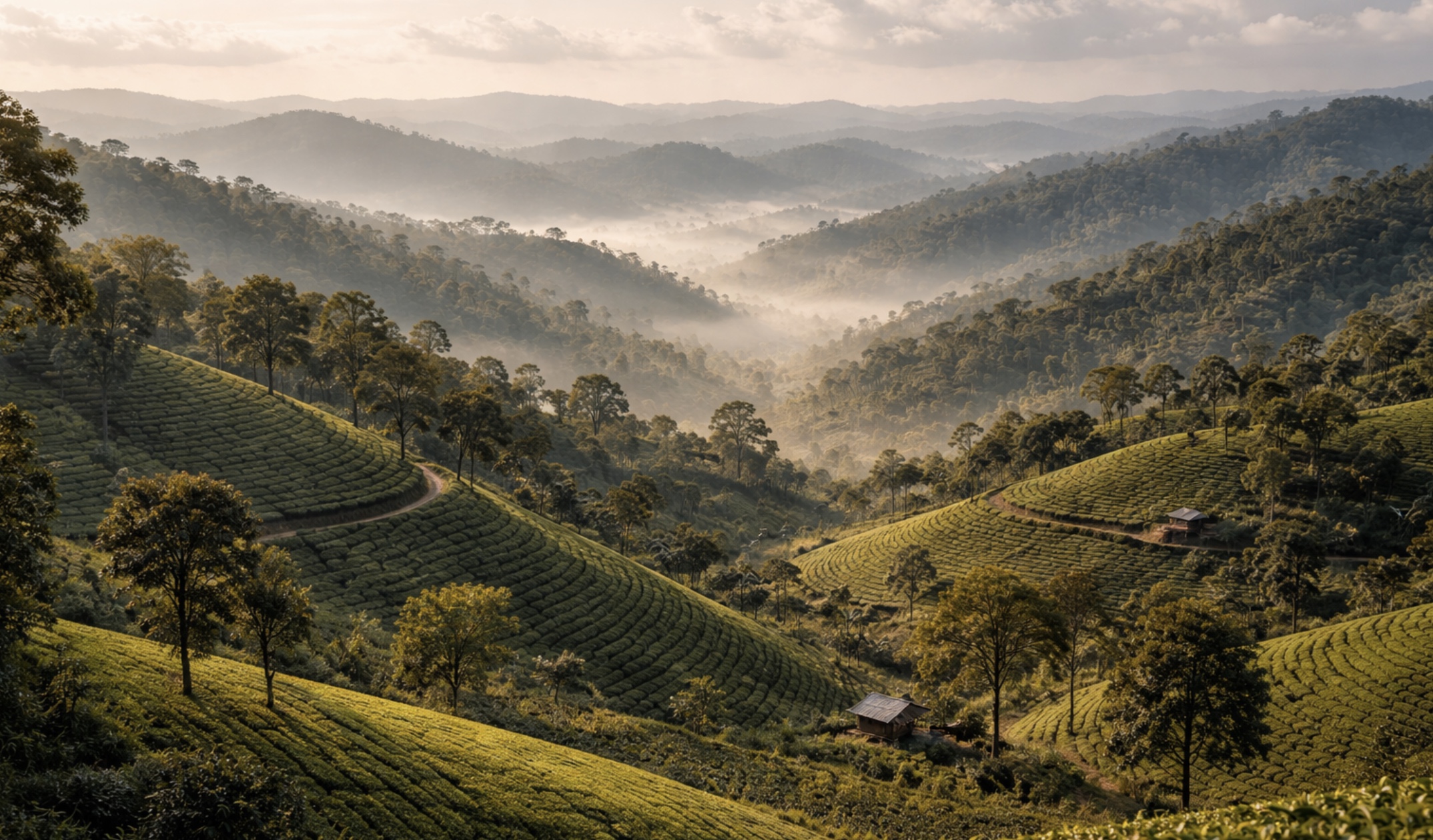 גבעות ירוקות ומטעי תה של אזור סילחט עם עננים ועומק נופי
