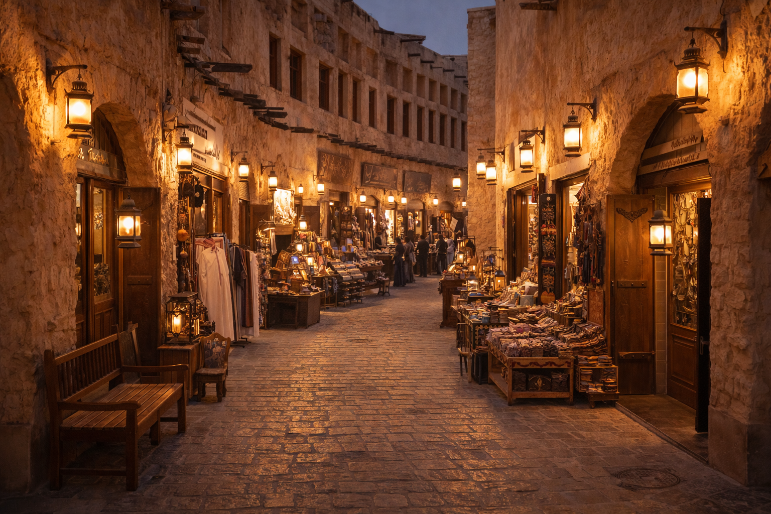 רחובות אווירתיים של סוק ואקיף בדוחא עם אדריכלות ערבית מסורתית, פנסים, גווני קירות חמים ואווירה מזרחית עשירה