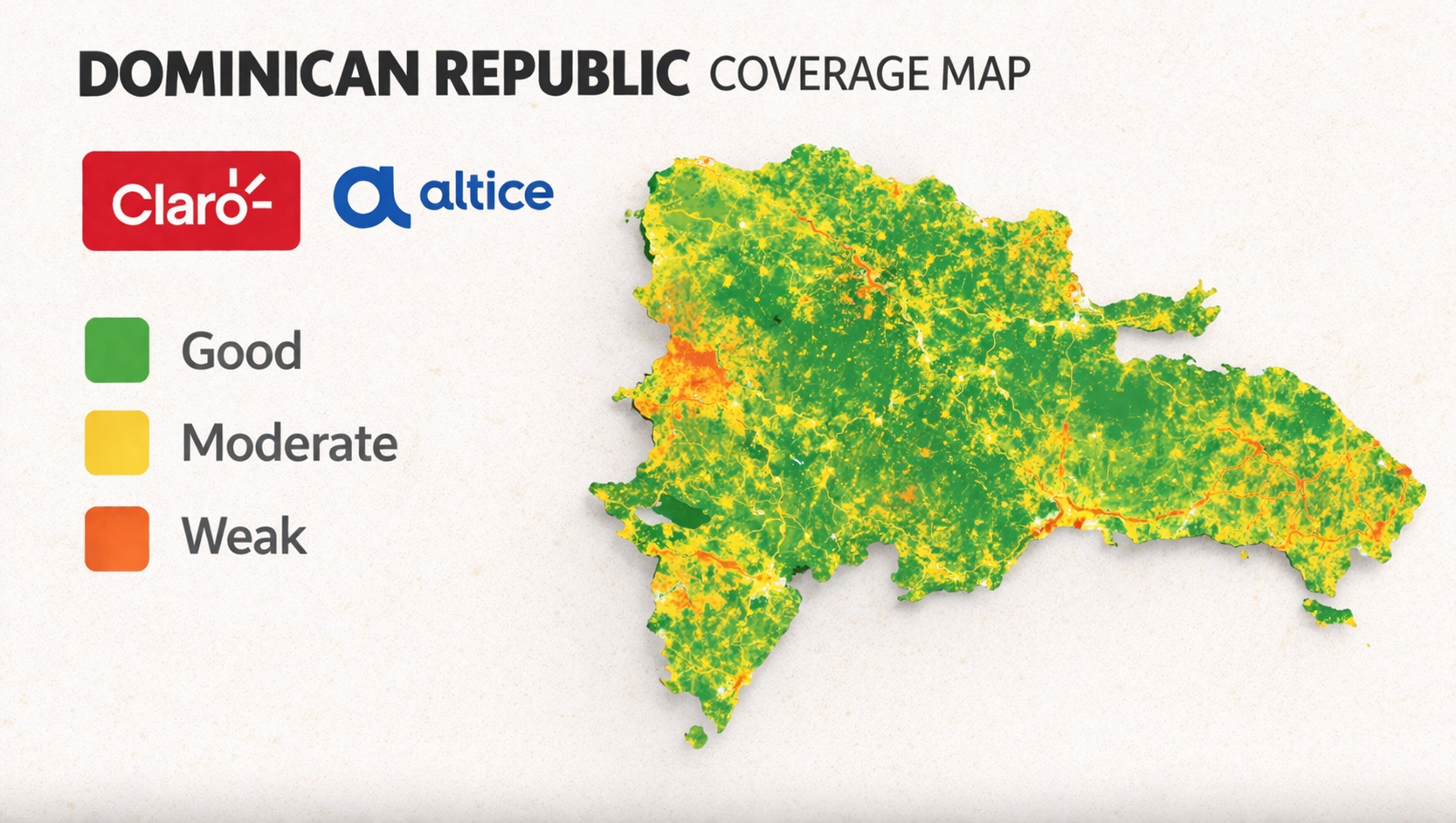 Mapa de cobertura de xarxes mòbils a la República Dominicana amb zones de senyal bo, mitjà i feble dels operadors