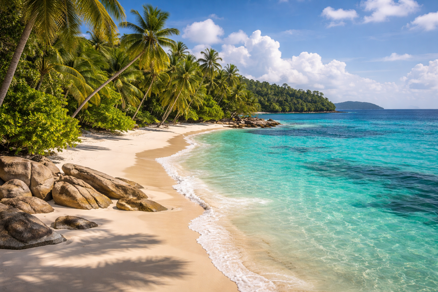 انڈمان جزائر کا اشنکٹبندیی ساحل، سفید ریت، فیروزی پانی، کھجوریں اور روشن دھوپ، جزیراتی جنت کی فضا میں۔
