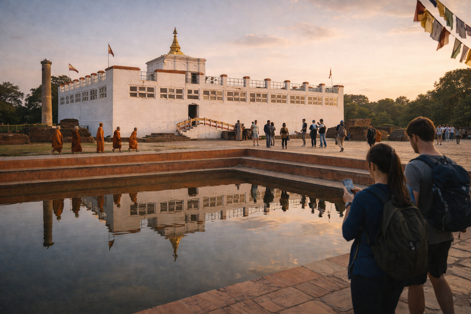 Viaggiatori passeggiano a Lumbini con smartphone ed eSIM