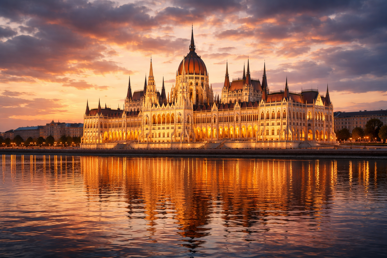 בניין הפרלמנט בבודפשט בשקיעה עם נוף לדנובה ותאורת ערב