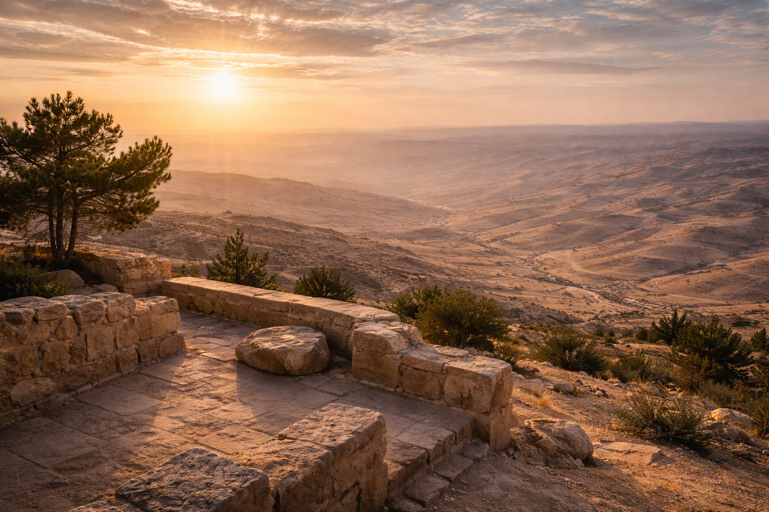 מבט מהר נבו בירדן על עמקים רחבים, גבעות מרוחקות, נקודת תצפית עתיקה ונוף שקט באור זהוב