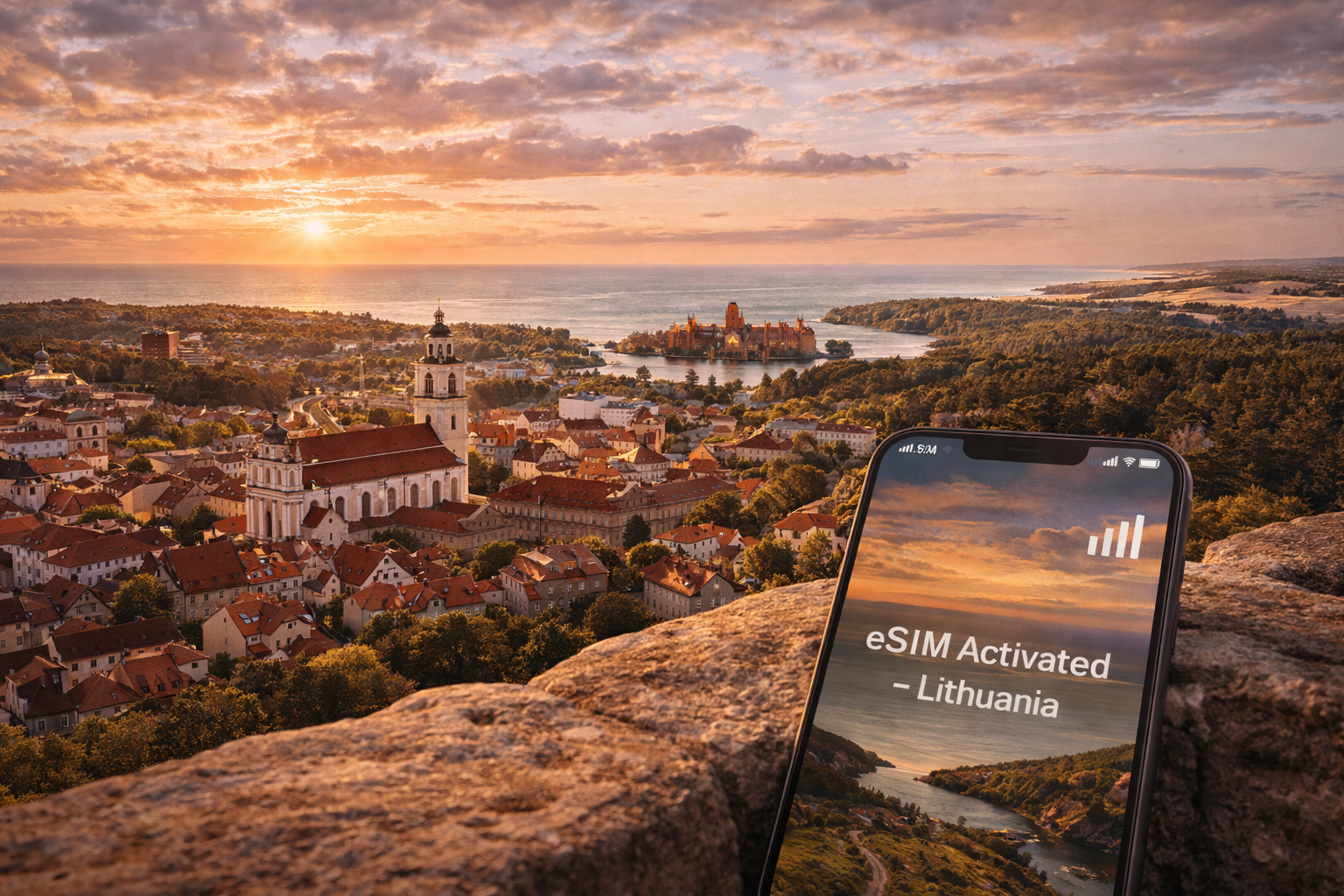 Traveling around Lithuania with a smartphone and an active eSIM, with Vilnius Old Town and Baltic landscapes in the background