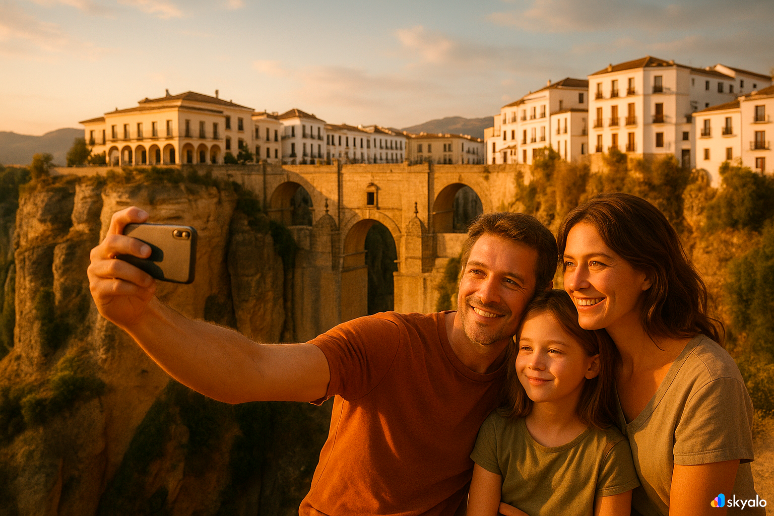 Family selfie on Puente Nuevo in Ronda above El Tajo canyon, white houses and warm Andalusian sun