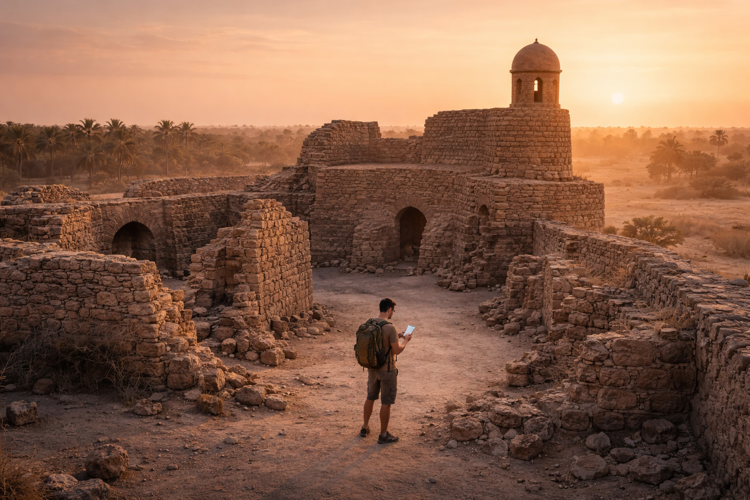 מטייל משתמש בסמארטפון לניווט בין חורבות המבצר בבחריין