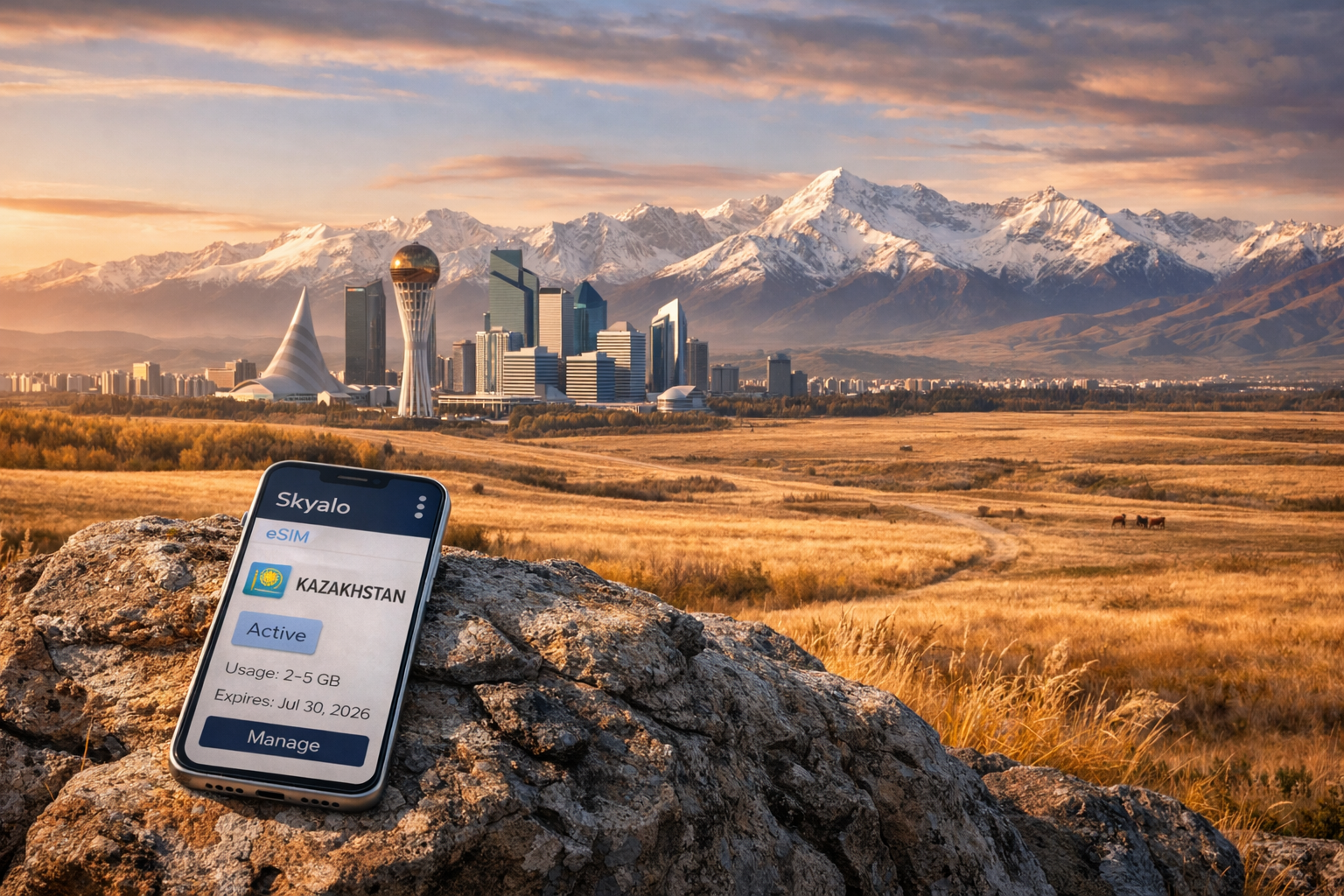 هاتف ذكي مزود بـ eSIM أمام مناظر كازاخستان والسهوب وجبال تيان شان