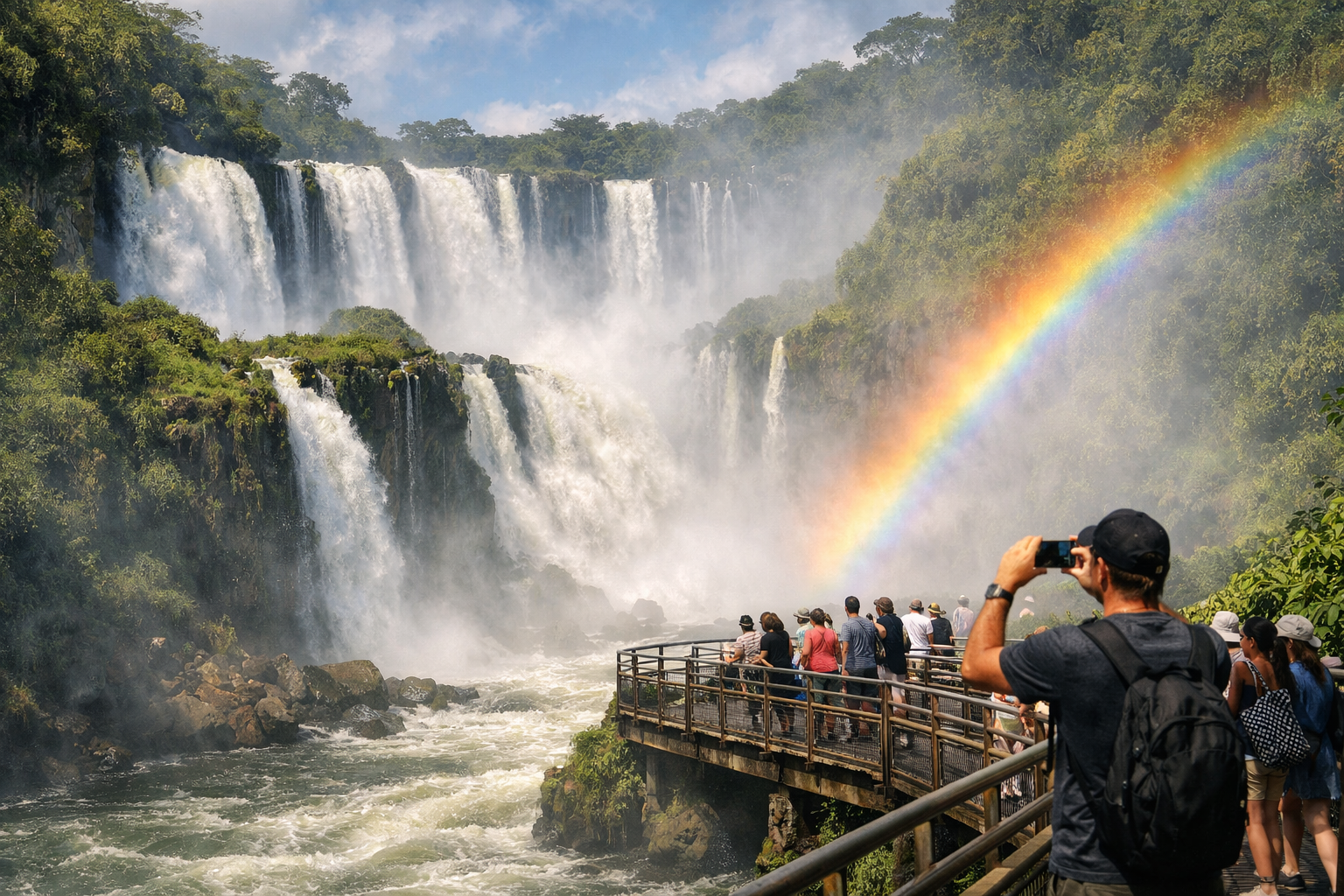 Iguazú Falls in Argentina with tourists on a platform filming video using a smartphone with an eSIM