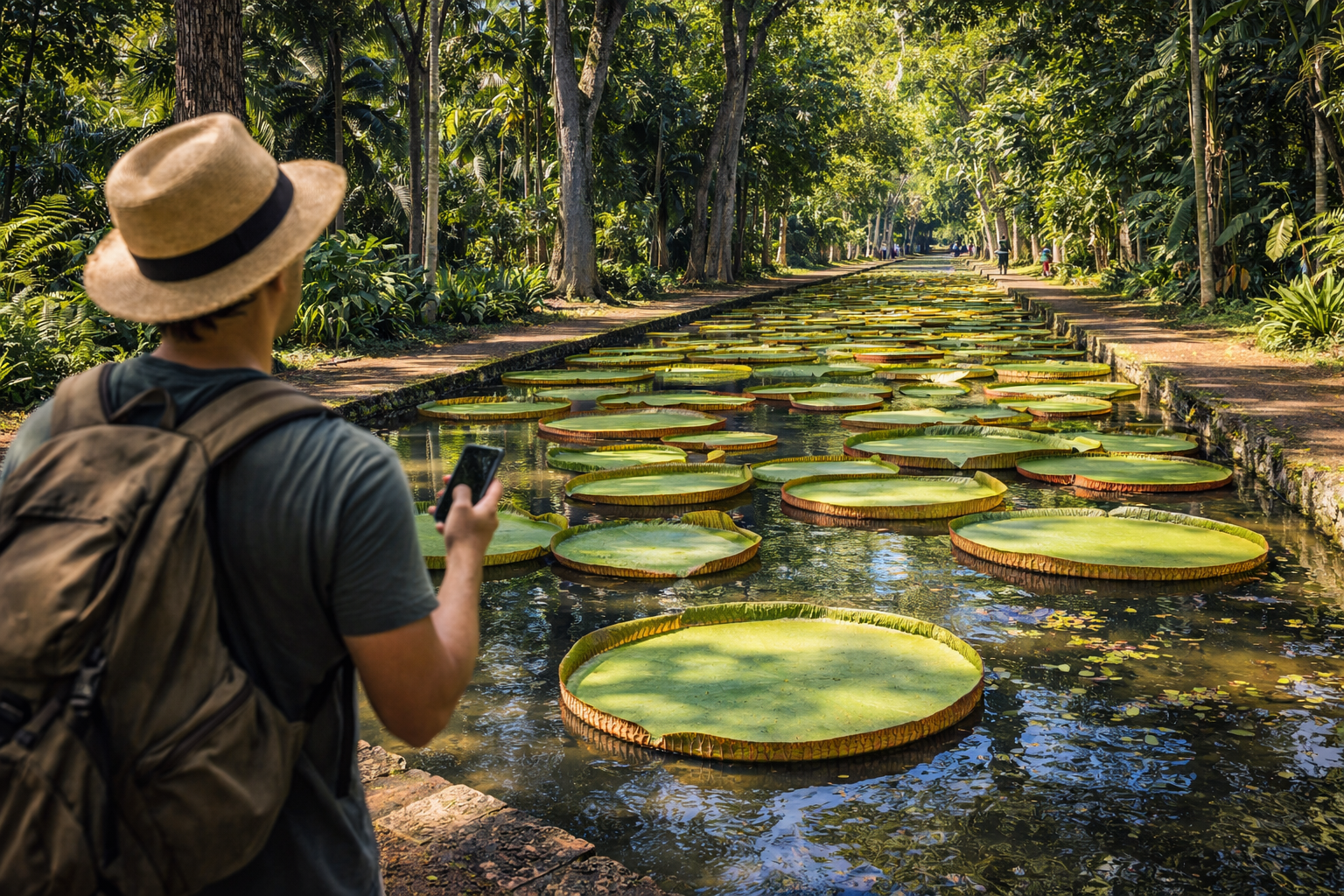 Pamplemousses Botanical Garden in Mauritius with tropical plants, water lilies, and a person using an eSIM on a smartphone