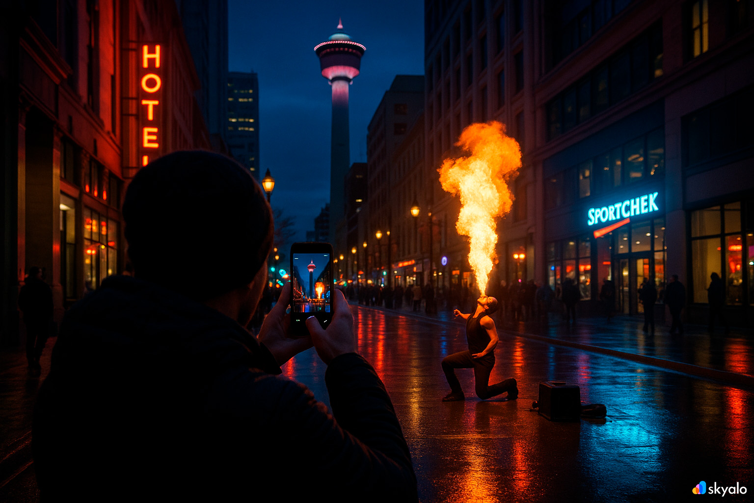 Man photographing street performers in Calgary; neon lights glowing in sunset haze