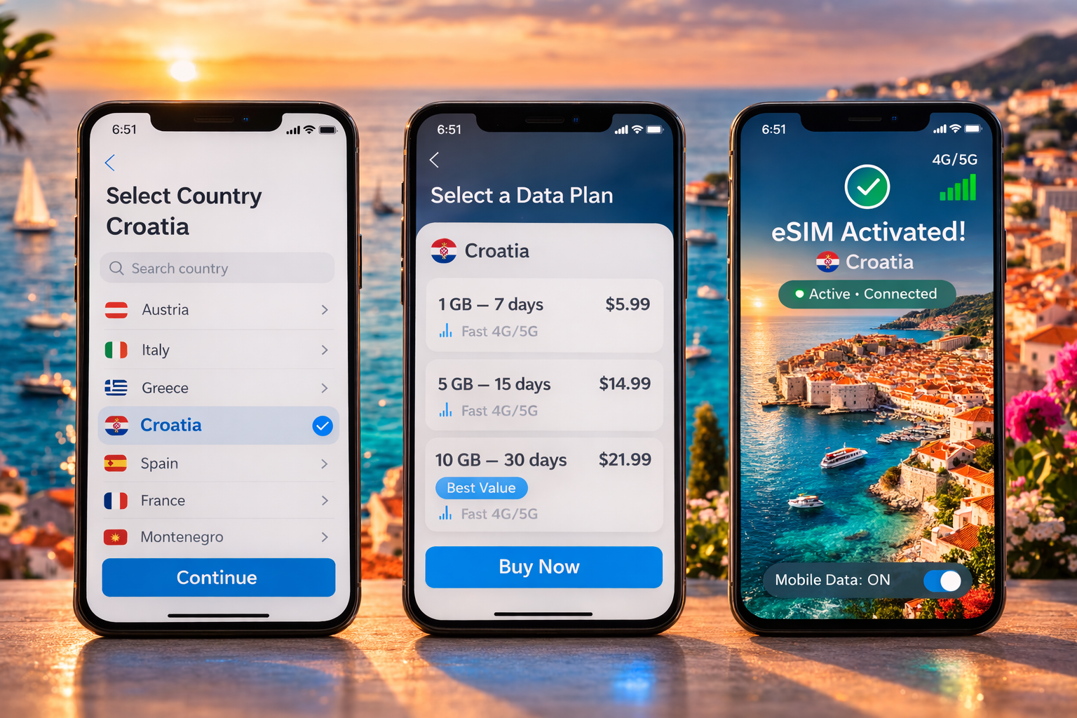 Attivazione eSIM per la Croazia su tre smartphone: selezione del Paese, scelta del piano e attivazione Internet riuscita