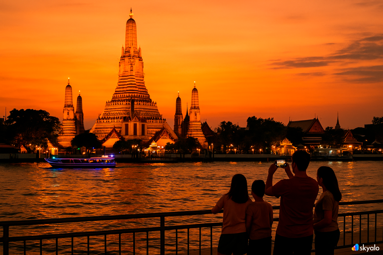 A family captures the sunset at Wat Arun