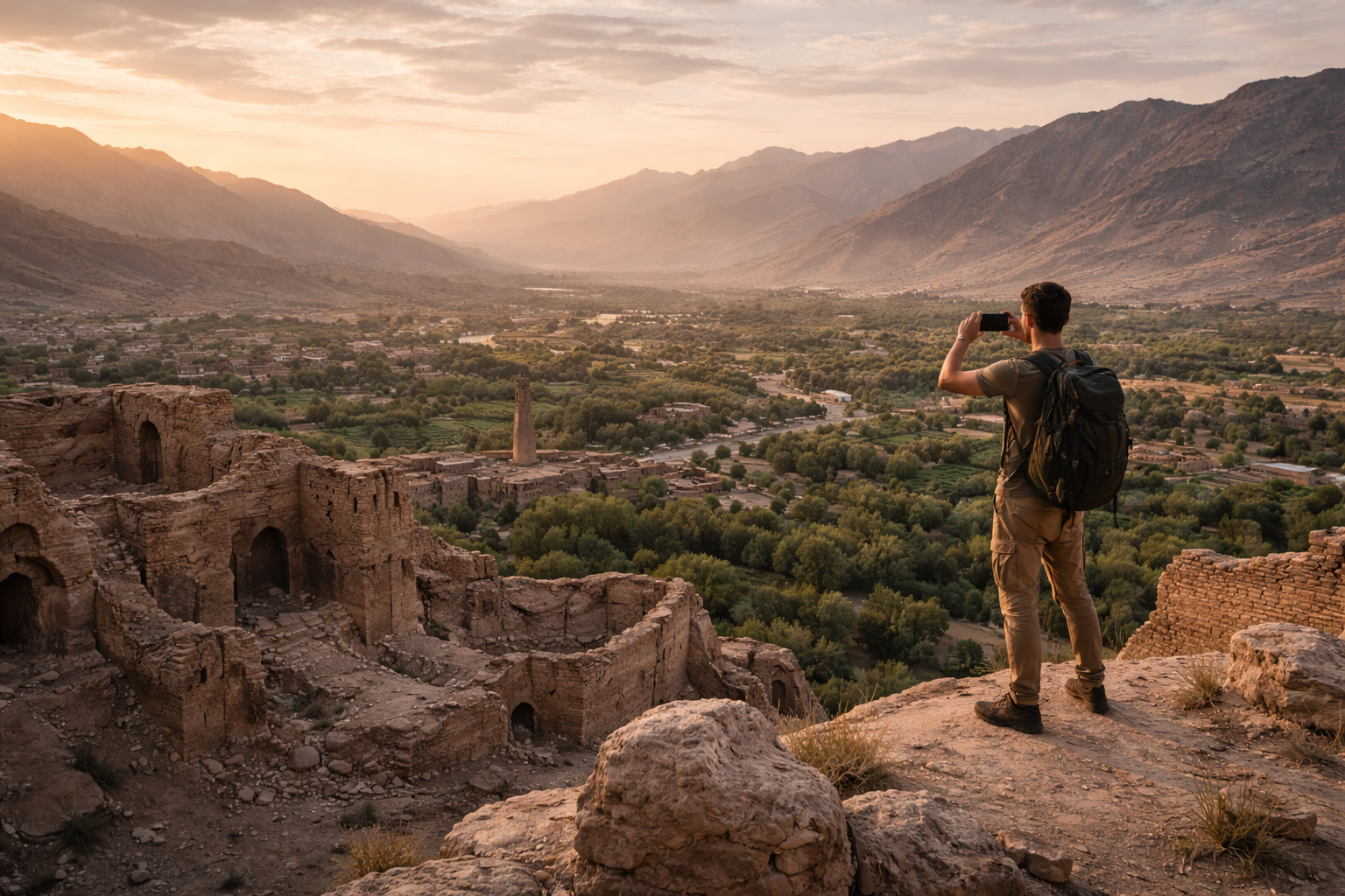Shahr-e Gholghola ruins at sunset overlooking the valley, a teenager taking a panoramic photo on a smartphone