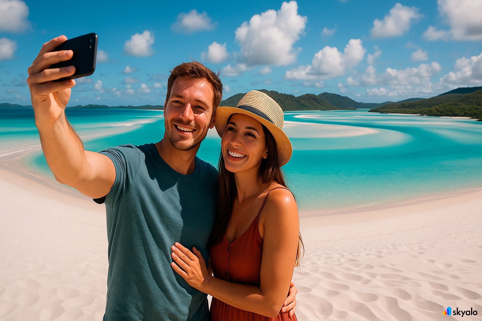 Couple taking a selfie at Hill Inlet lookout; white sand and a turquoise lagoon behind them