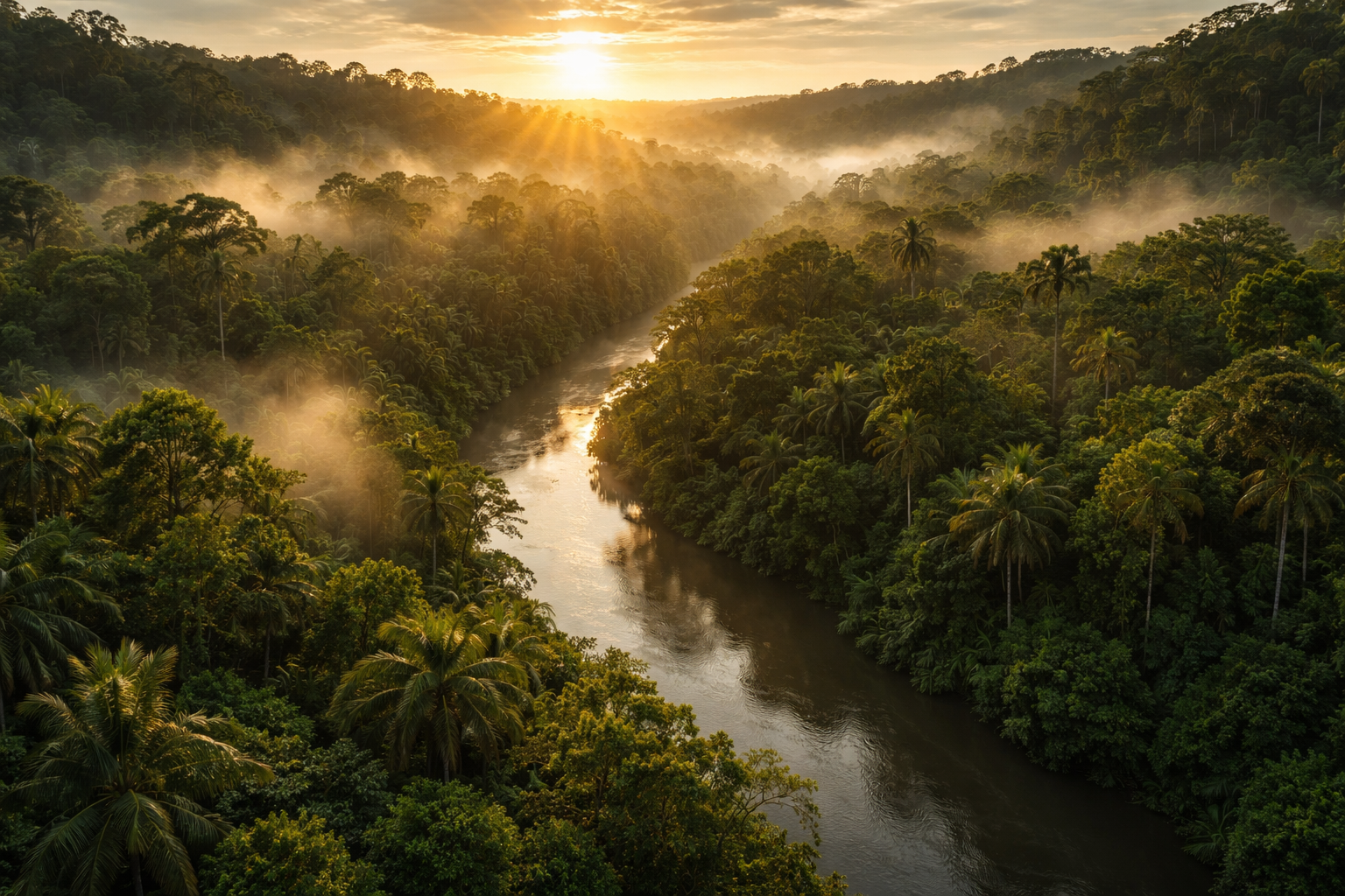 Tropikalne lasy Amazonii w Peru z rzeką pośród gęstej dżungli
