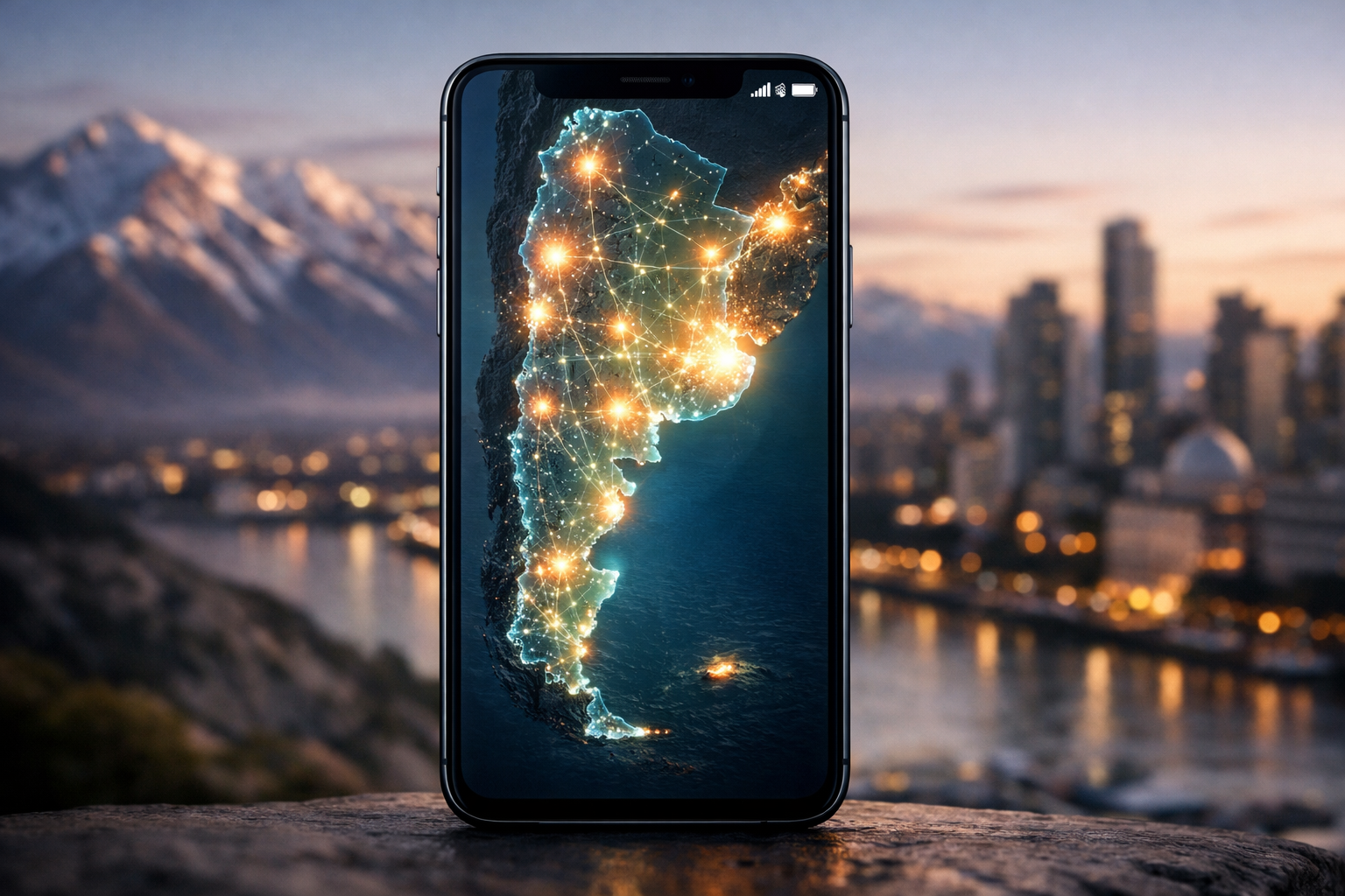 A smartphone showing a mobile network coverage map across Argentina with an active signal