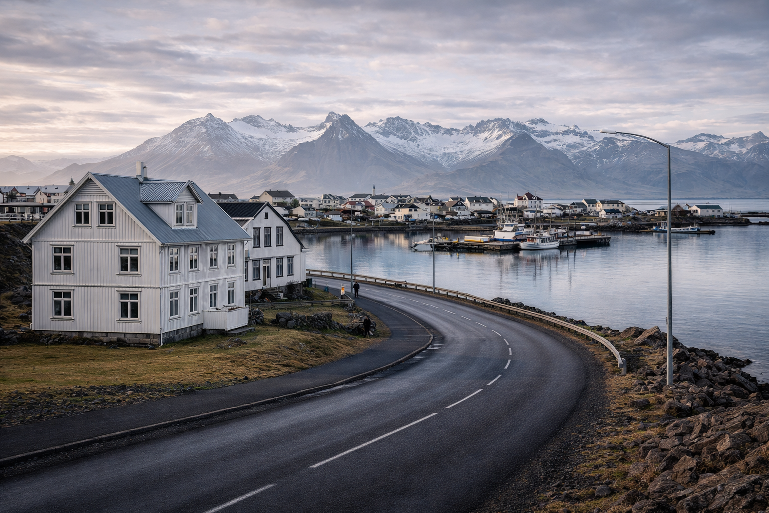 Hēbna Islandē ar piekrastes novietojumu, ostu, kalniem fonā un mierīgu mazas pilsētas ziemeļu atmosfēru