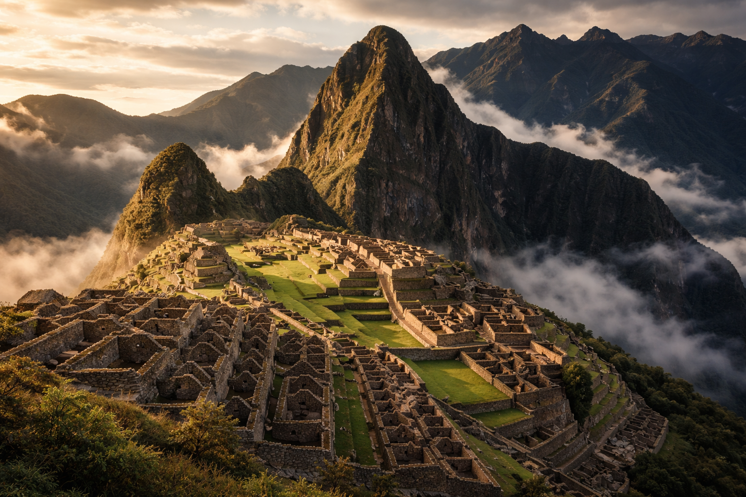 Machu Picchu w Peru wśród gór Andów ze starożytnymi tarasami i ruinami Inków