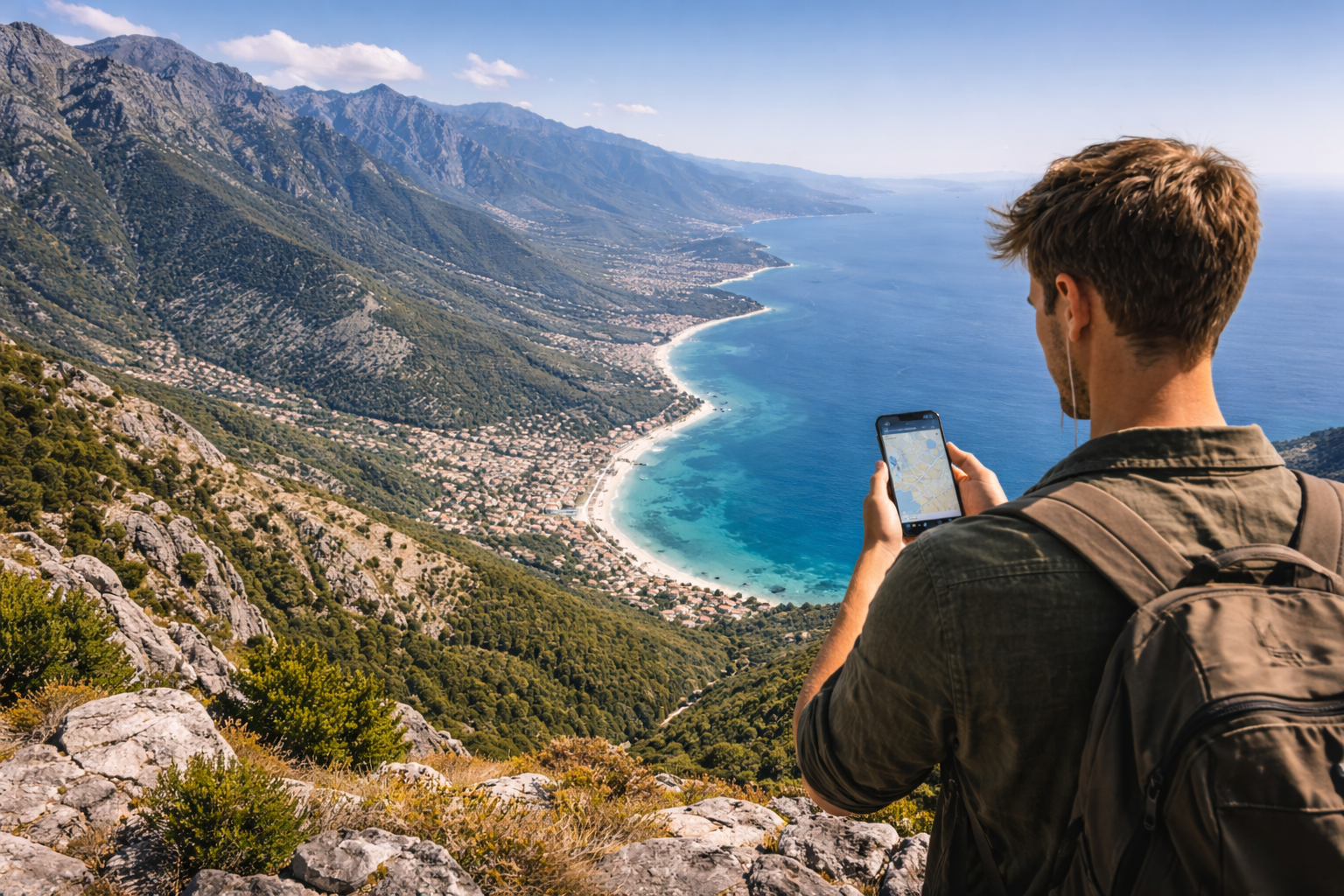 A route map of Albania with coast and mountains
