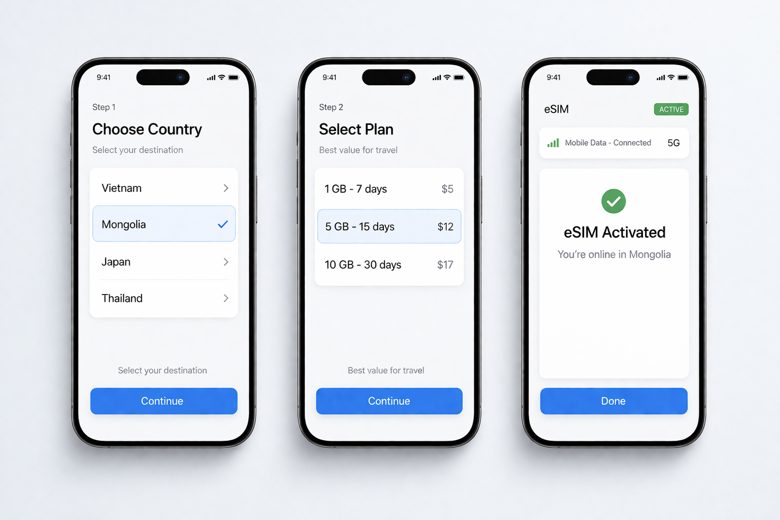 Infografía con tres smartphones sobre fondo claro, que muestra el proceso de activación de la eSIM para Mongolia: elección del país, selección de la tarifa y activación correcta