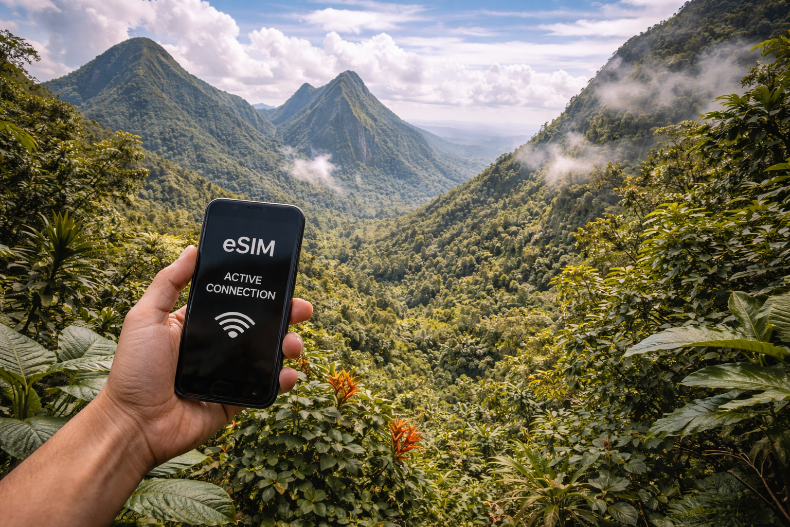 Podróżni w parku narodowym Morne Trois Pitons korzystają ze smartfonów z internetem eSIM