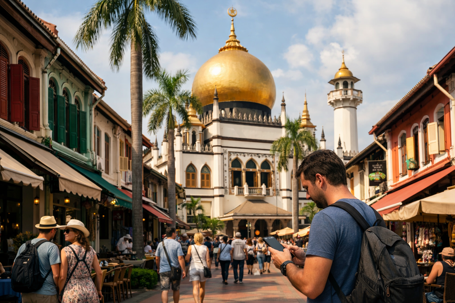 Sultan Mosque with a golden dome in the Kampong Glam district.