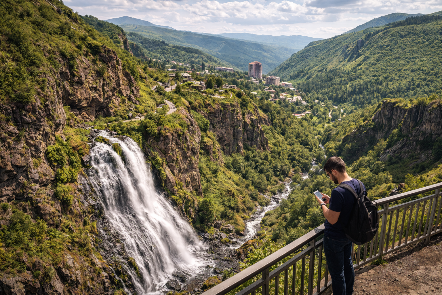 Jermuk Waterfall in the mountains of Armenia with a tourist using a smartphone with an eSIM for navigation