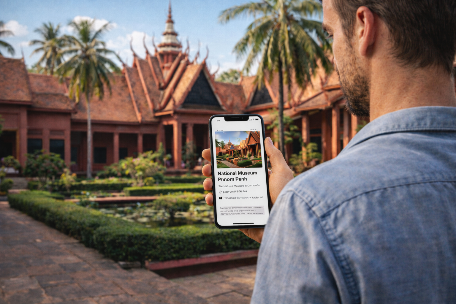 National Museum of Cambodia and a visitor with a phone with an eSIM