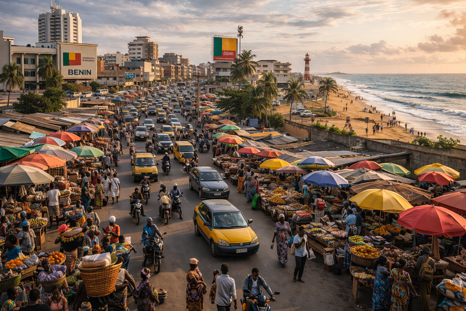 קוטונו בבנין עם רחובות שוקקים, שווקים, חוף אוקייני ואווירה של עיר גדולה במערב אפריקה