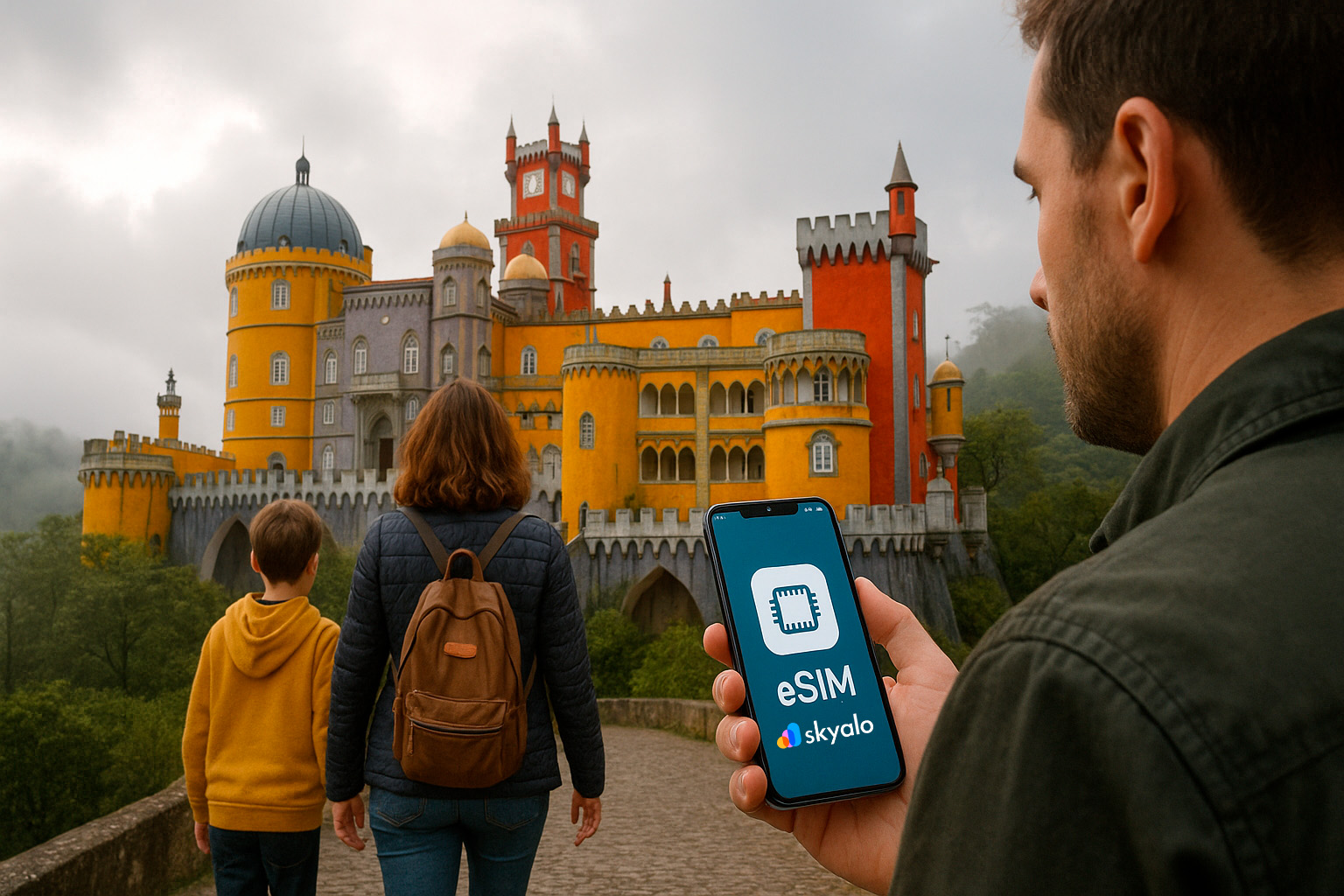 Family at Pena Palace in Sintra; Skyalo eSIM active, forest mist and bright towers on the hilltop