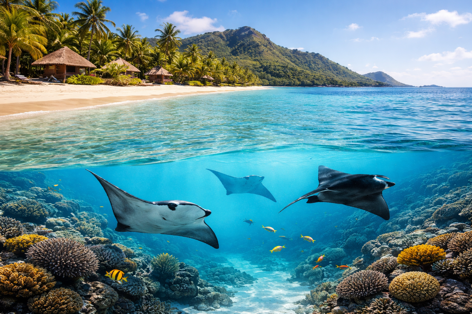 Ostrov Manta na Fidži s průzračnou vodou a mantami v oceánu