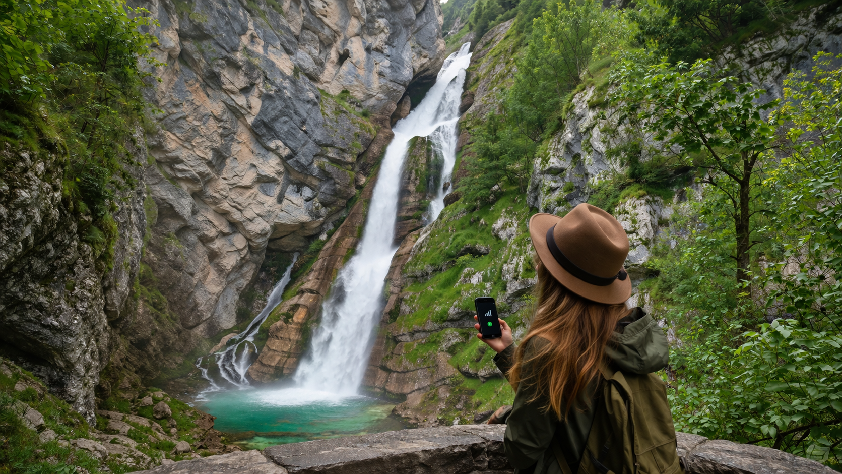 מפל סביצה בסלובניה עם נוף הררי וטיול עם סמארטפון עם eSIM פעילה
