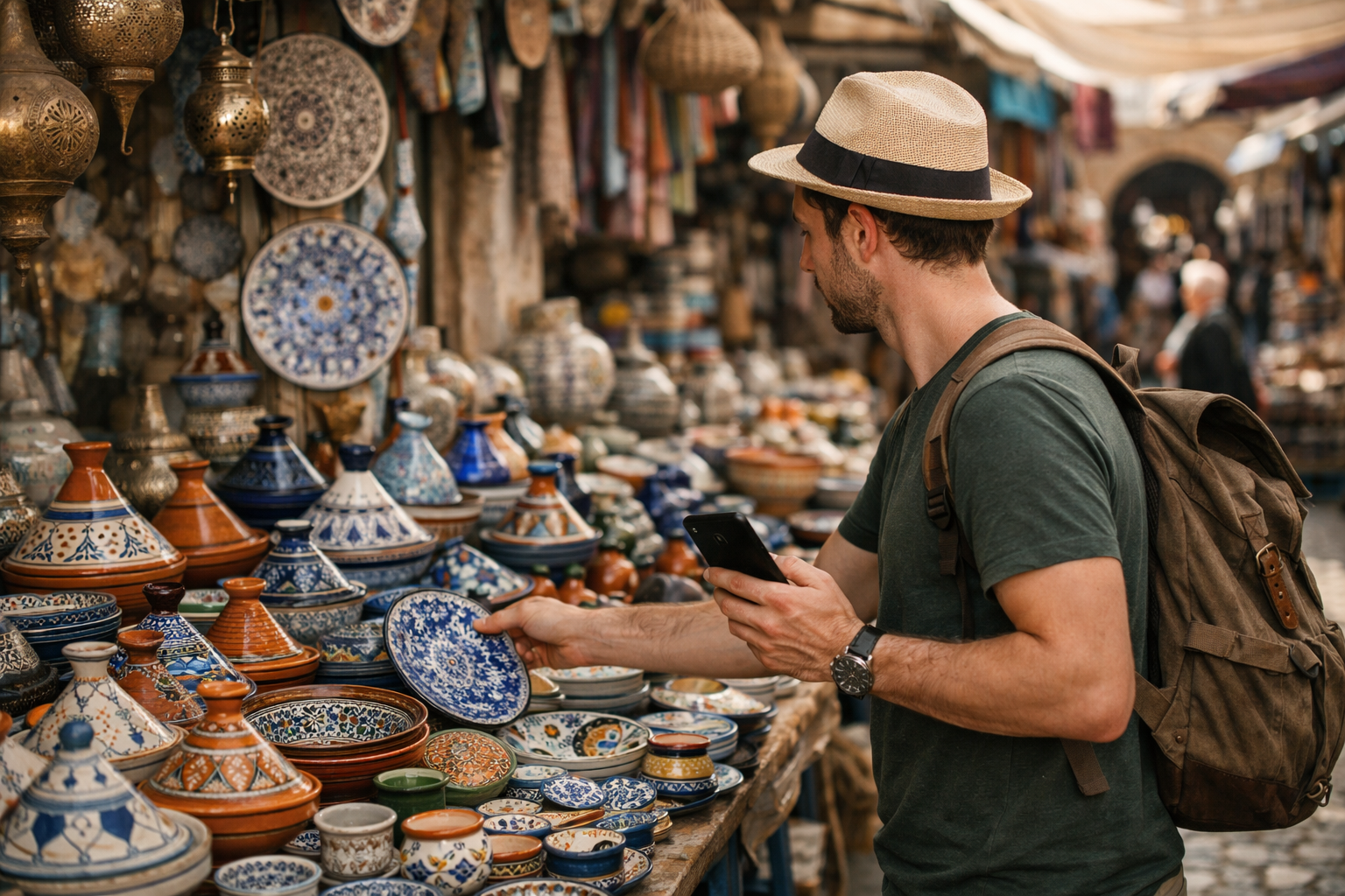 Markedet i Nabeul med keramikk og turist med smarttelefon