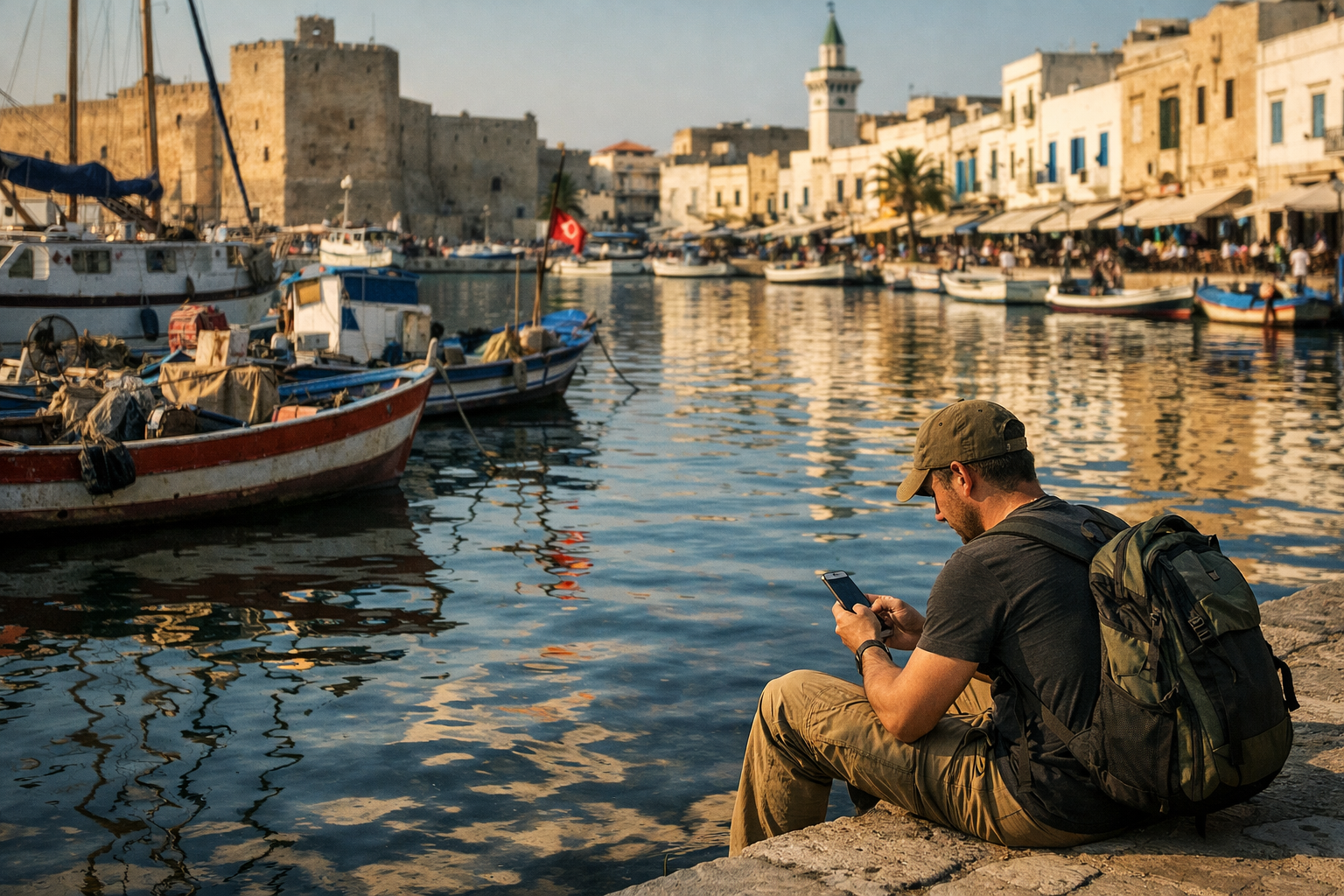 Havnen i Bizerte med båter og turist som bruker smarttelefon