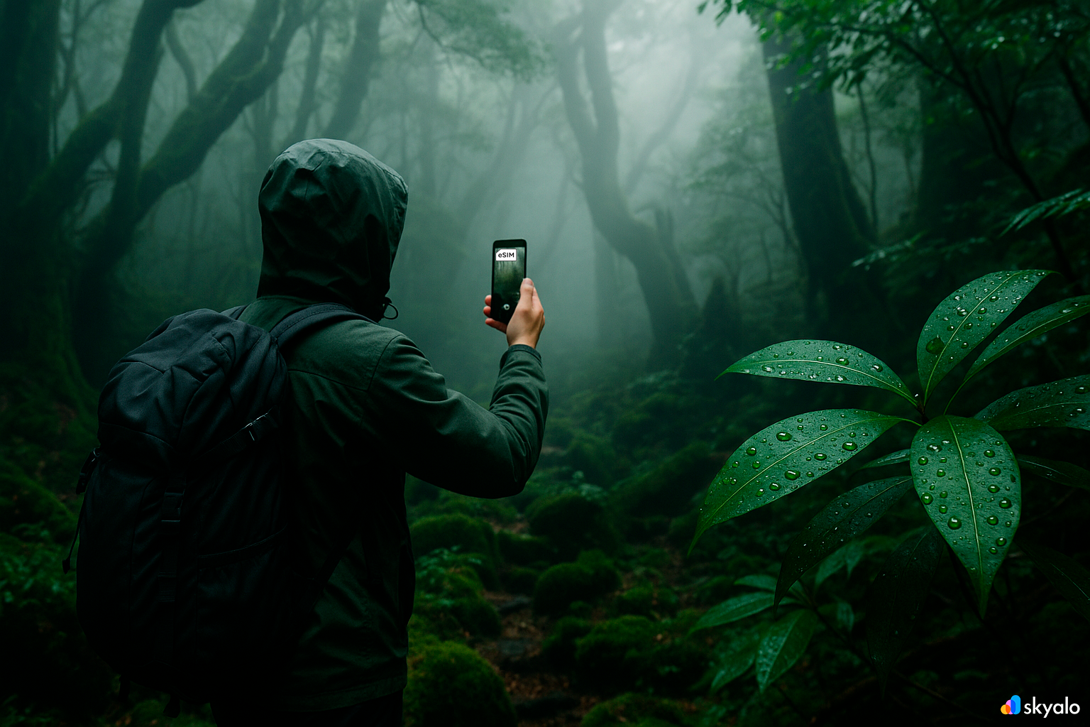 Giant roots and cedars in Yakushima; hiker tracking the route with Skyalo eSIM in the misty forest