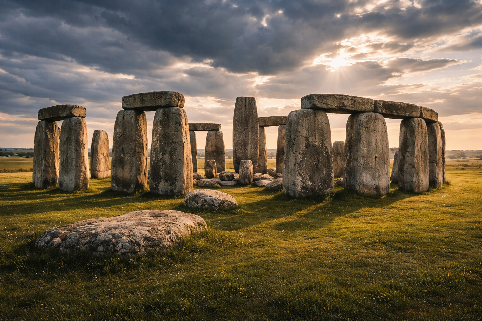 The ancient megalithic complex of Stonehenge among the green fields of England