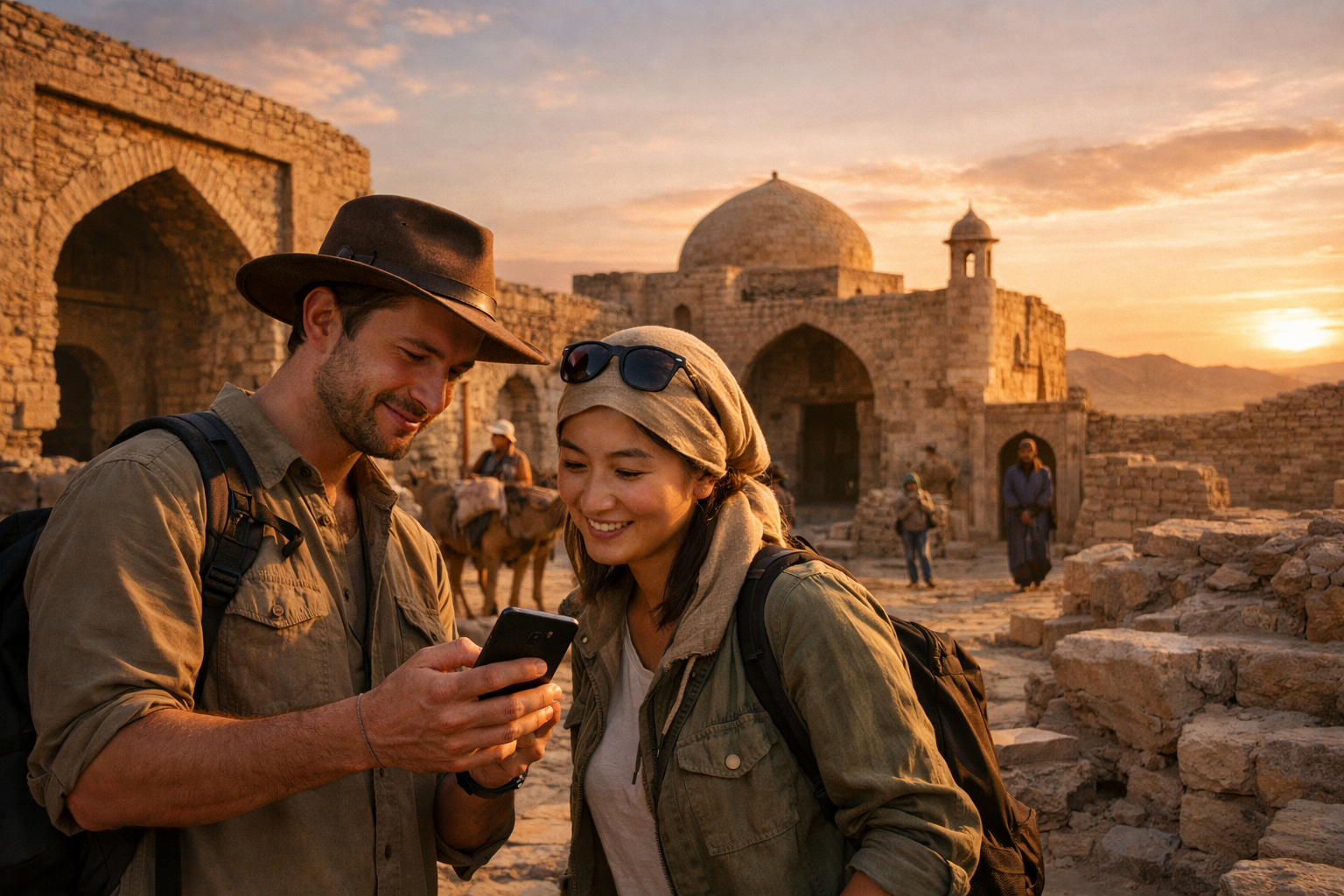 I viaggiatori usano internet eSIM vicino a un caravanserraglio della Via della Seta