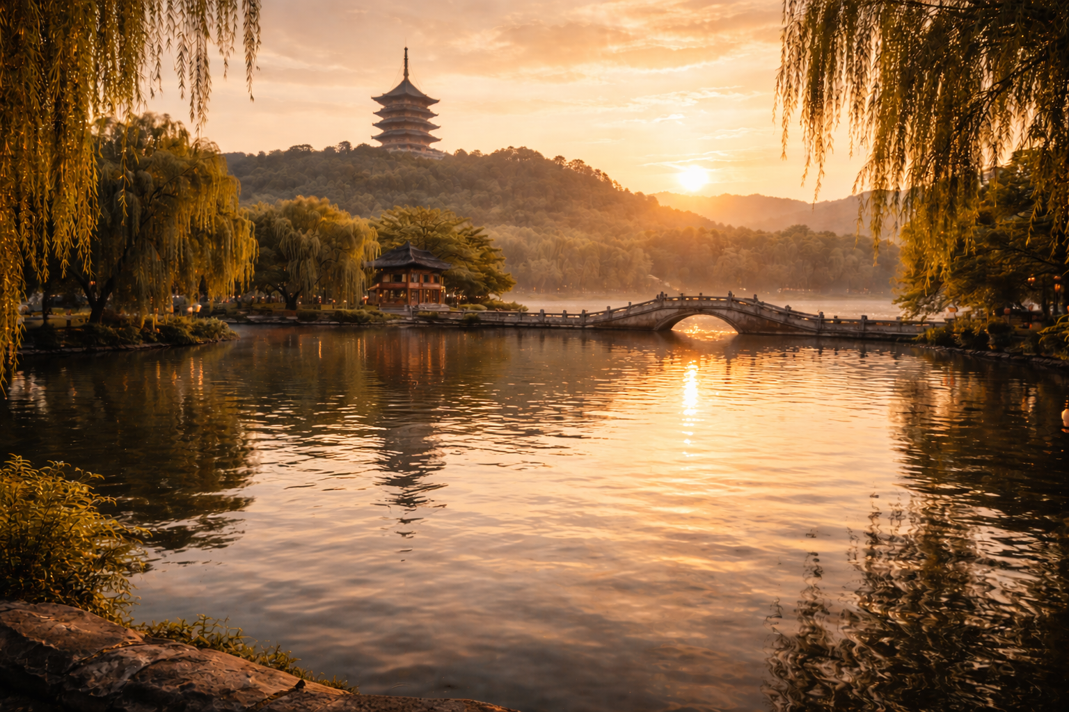 West Lake in Hangzhou and a tourist with a smartphone on the waterfront