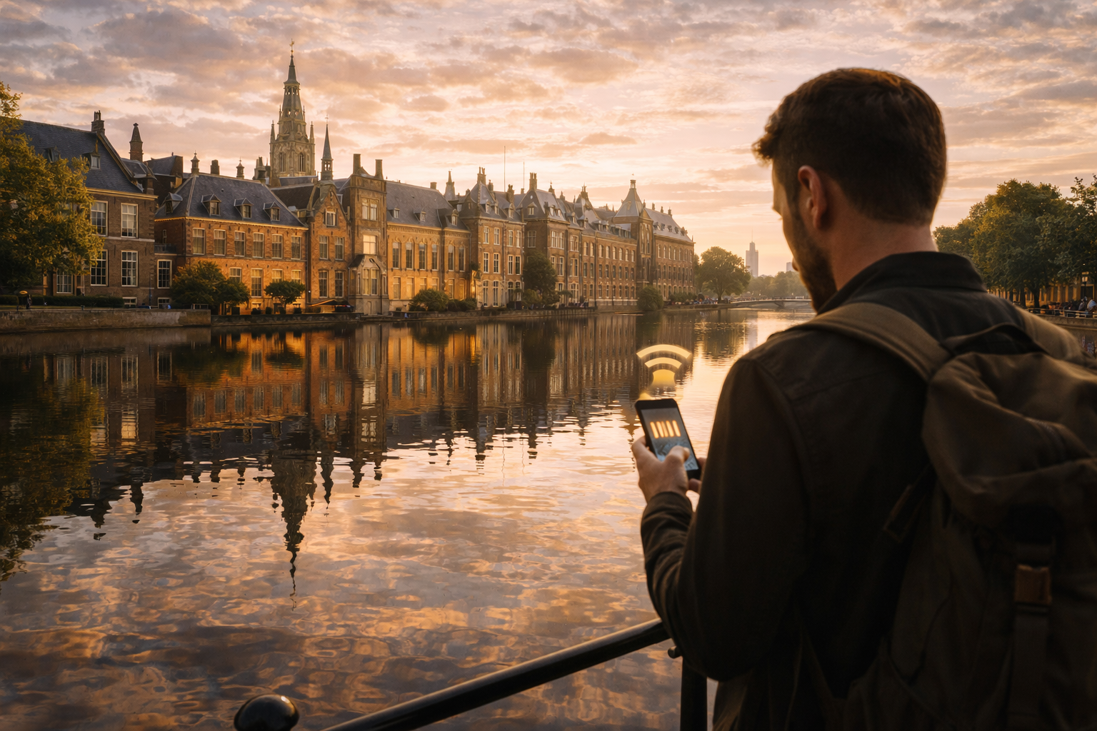 The Binnenhof in The Hague by the Hofvijver lake and a tourist with a smartphone